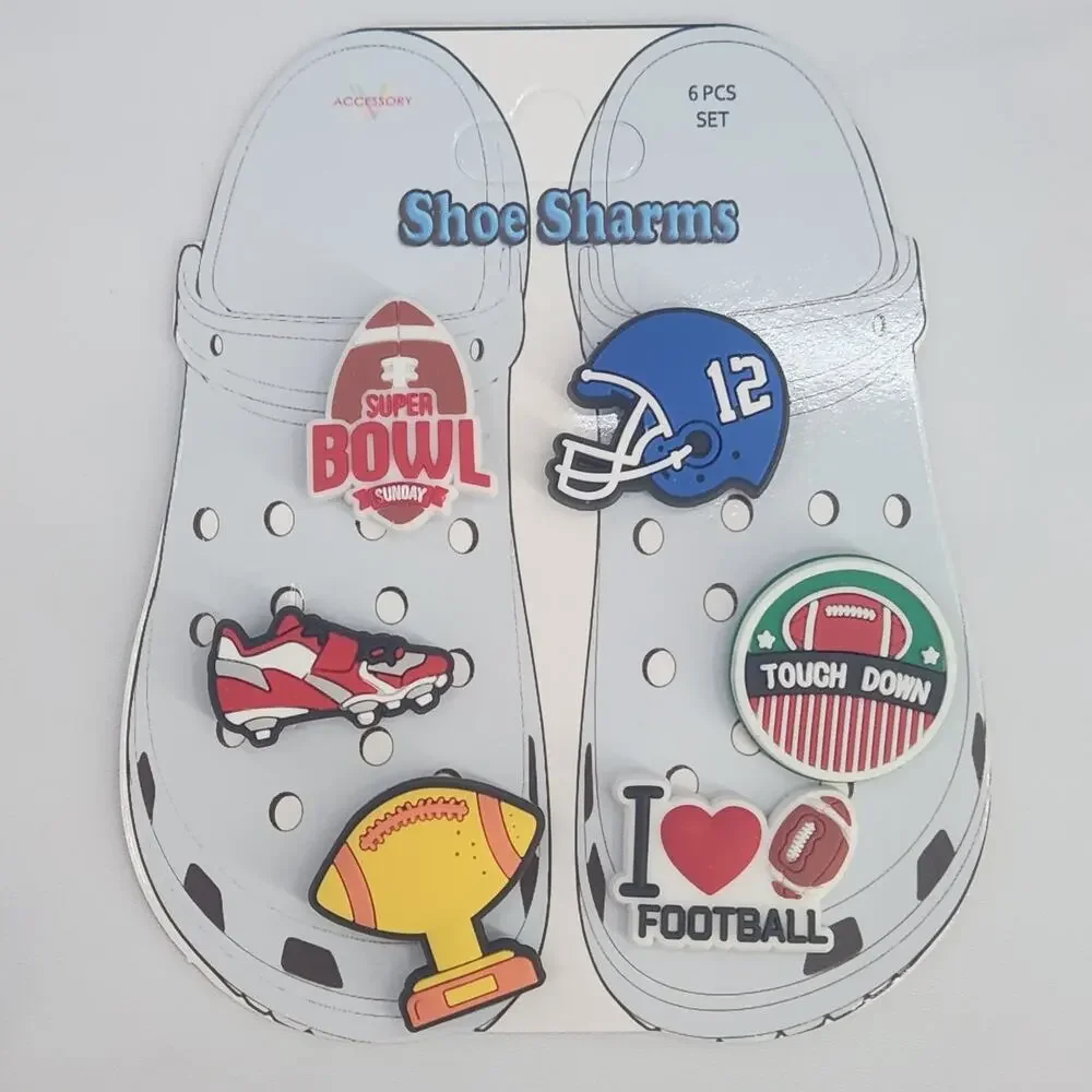 NEW Set of 6 American Football Themed Charms / Buttons for Crocs Super Bowl